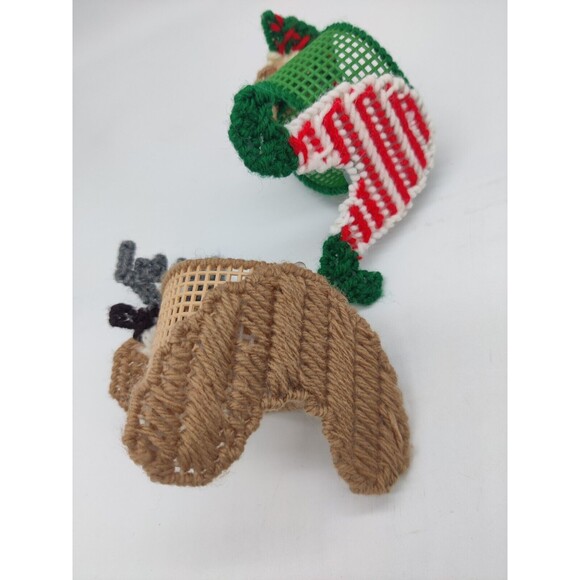 Vintage Christmas Holiday Napkin Rings Plastic Canvas Needlepoint Elf & Reindeer - Picture 8 of 8
